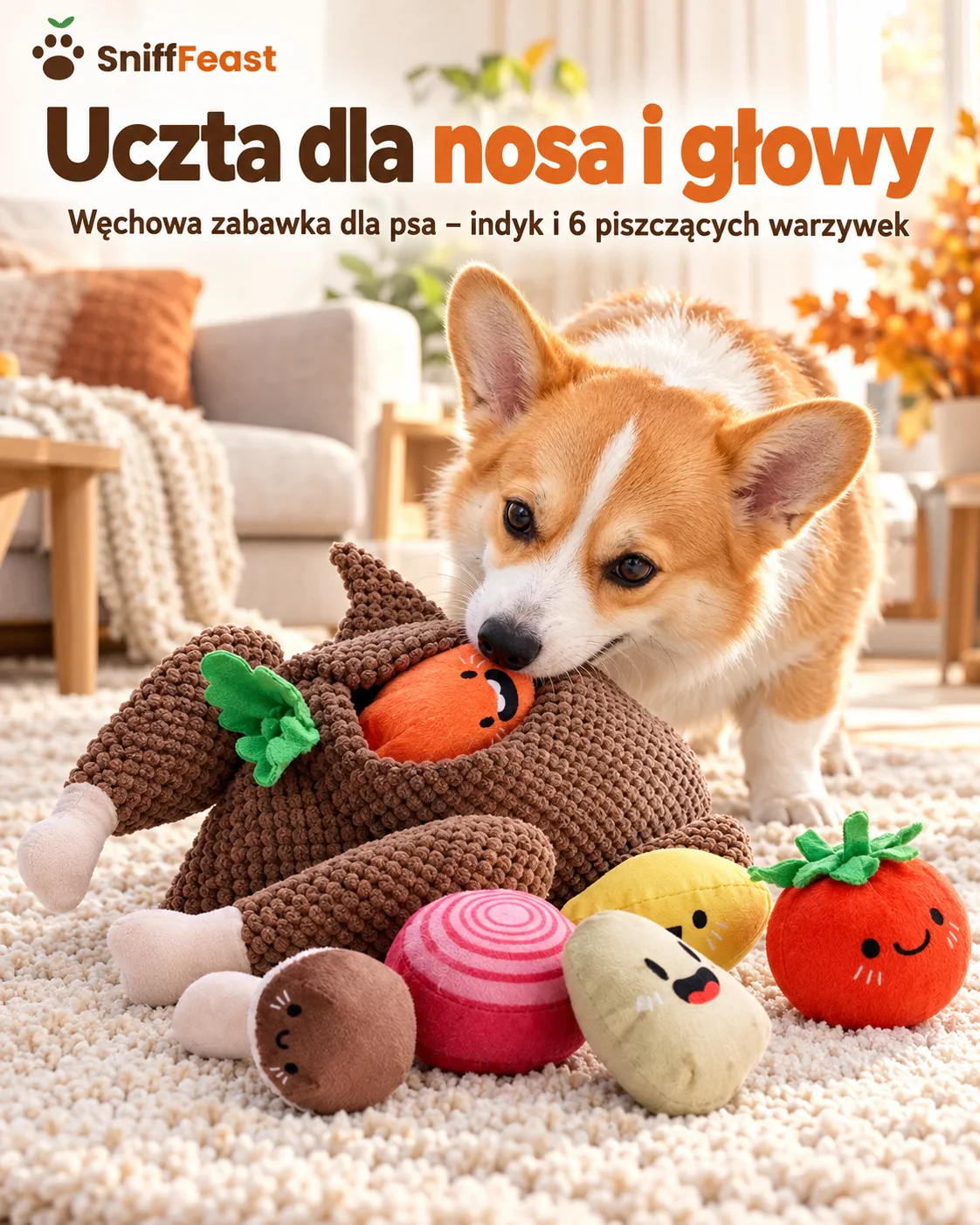 SniffFeast – węchowa zabawka dla psa: pluszowy indyk i 6 piszczących warzywek 1