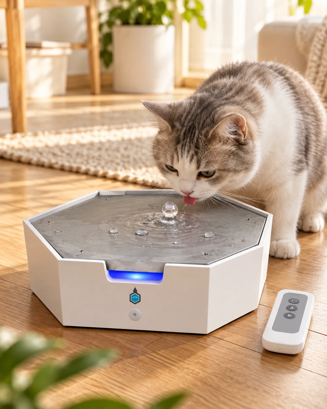 Purrdrop – interaktywne poidełko i zabawka dla kota: kapiące krople, pompka z filtrem, akumulator i pilot 1