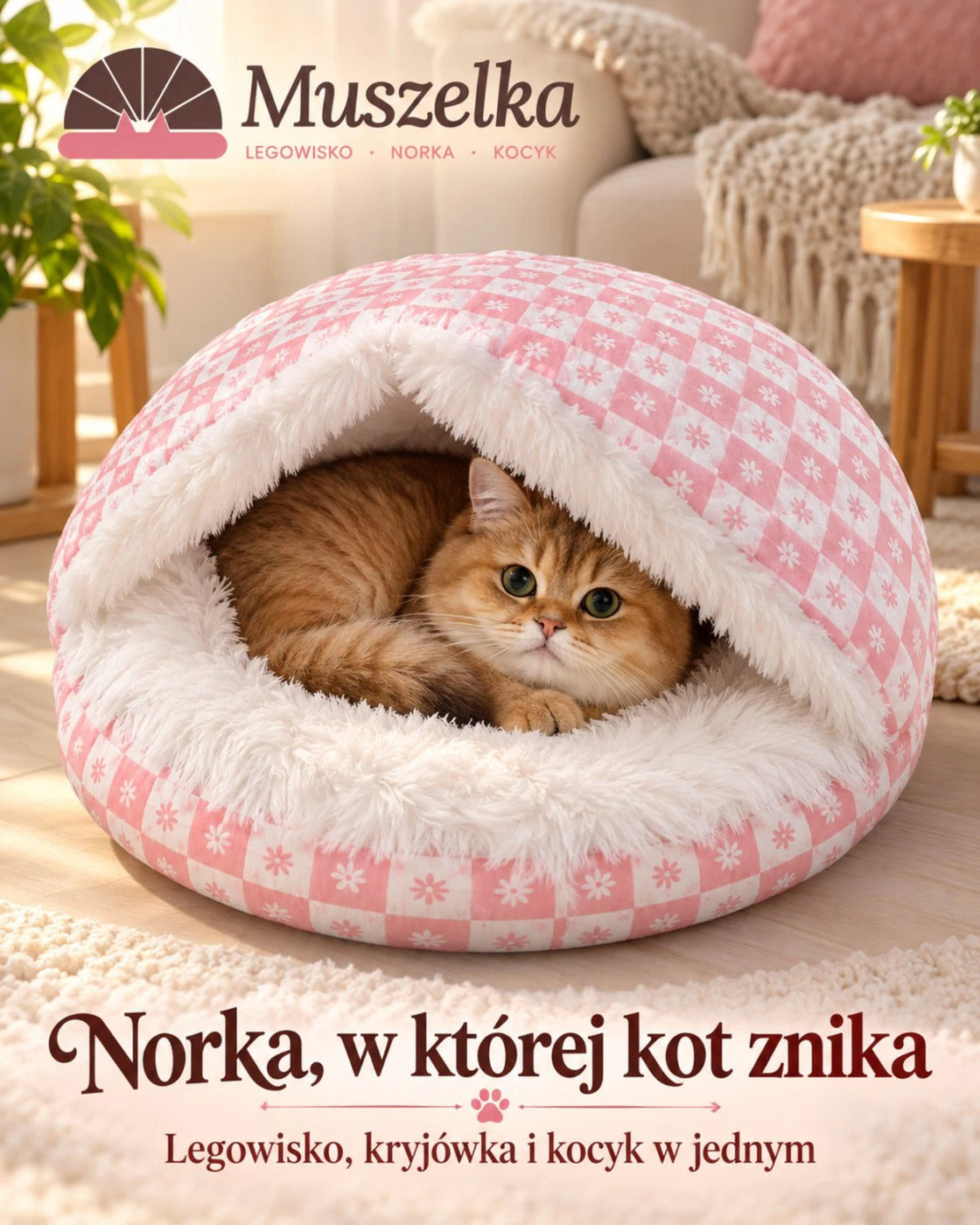 Muszelka™ – legowisko-norka dla kota z pluszową pokrywą 1